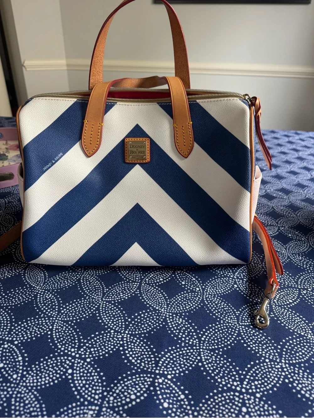 Striped Blue and White Dooney and Bourke Satchel with Tan leather Trim